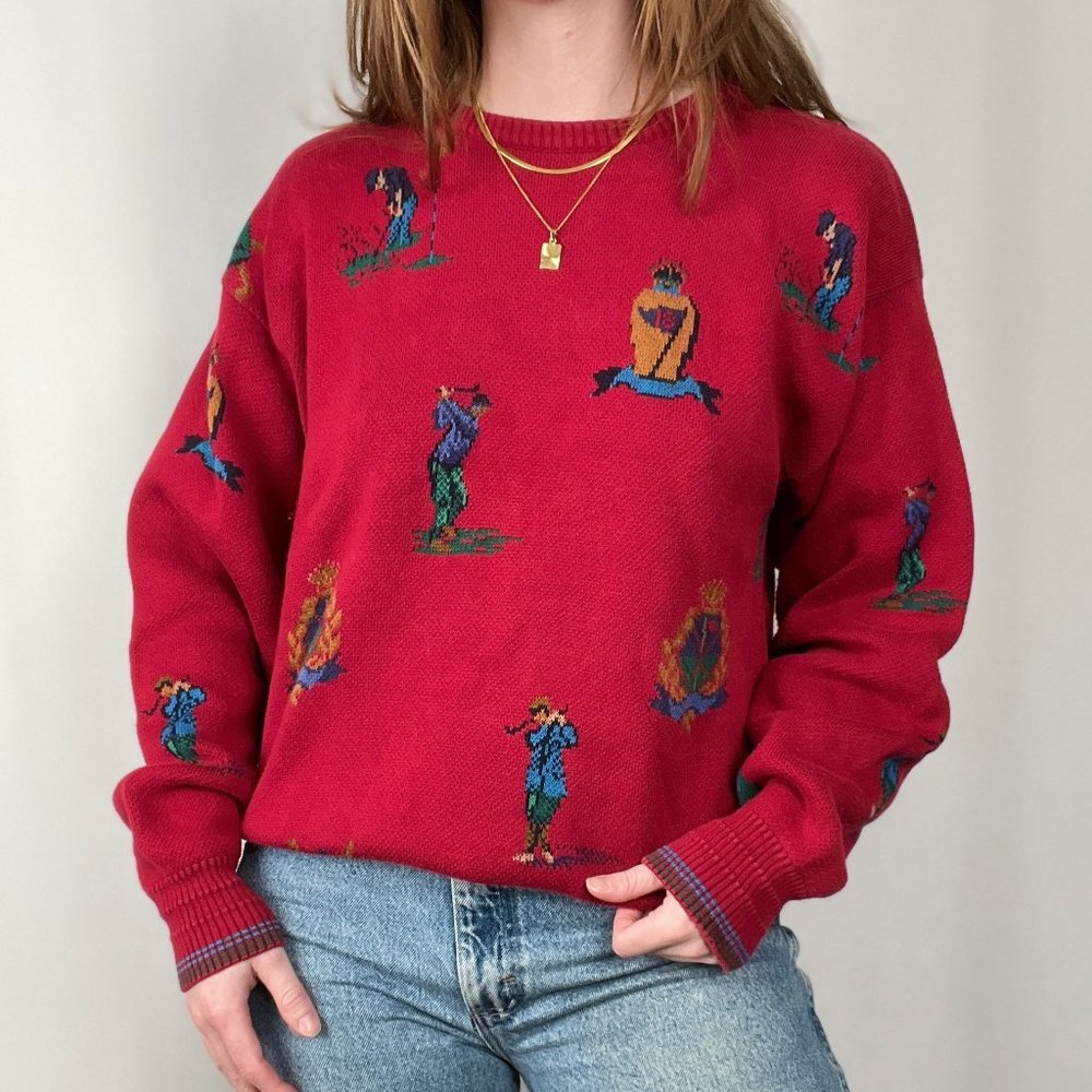 Vintage Luxury Designer Novelty Print Golfer Knit Oversized Crew Sweater Preppy